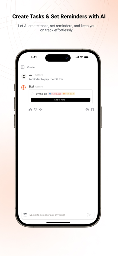 Interfaz móvil de Saner.AI que muestra al asistente de IA Skai creando una tarea y estableciendo un recordatorio a partir de un simple mensaje del usuario