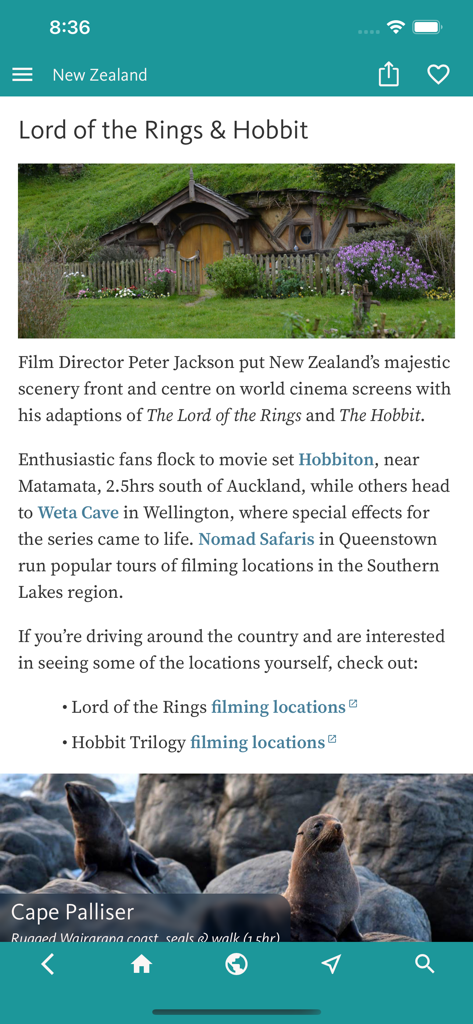 Pantalla de la aplicación de guía de viajes con Hobbiton y lugares de filmación de El Señor de los Anillos en Nueva Zelanda