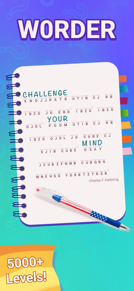Worder: Logic Word Search Game - Worder logic word search game interface showing a cryptogram puzzle on a spiral notebook with a quote by Charles Kettering.