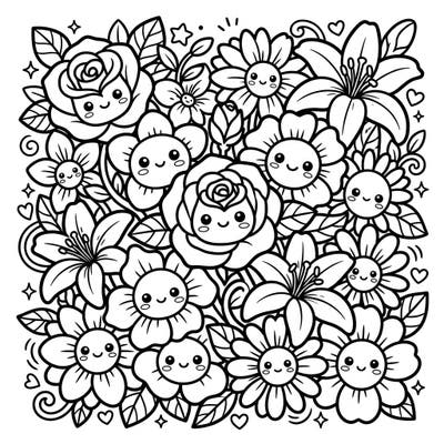 Discover a delightful garden of cuteness with this Kawaii Floral Fragrances coloring page. Featuring an array of charming flowers like roses, lilies, and daisies, each with an irresistible adorable face, it's perfect for a joyful coloring escape.