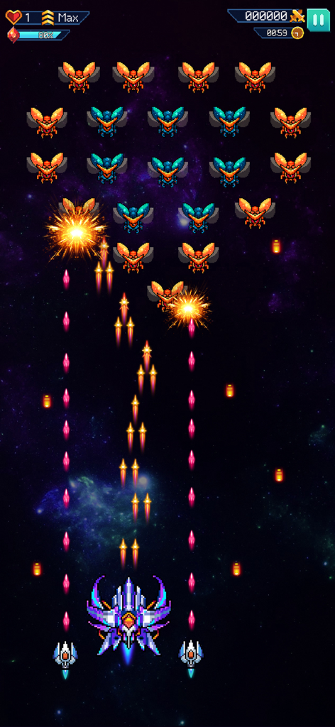 Galaxiga: Classic Arcade Game - Galaxiga gameplay featuring a futuristic spaceship shooting at formations of alien insect enemies in deep space.