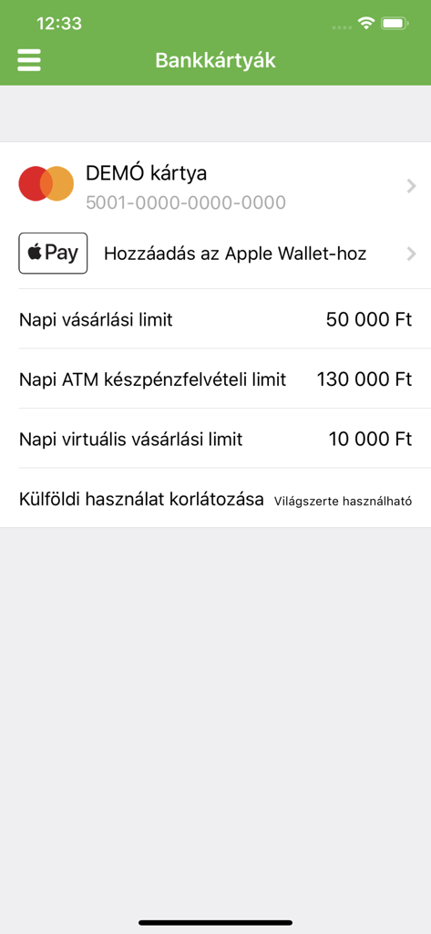 OTP SmartBank - OTP SmartBank app screen showing bank card details daily spending limits and Apple Pay integration