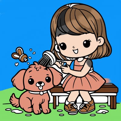girl grooming dog