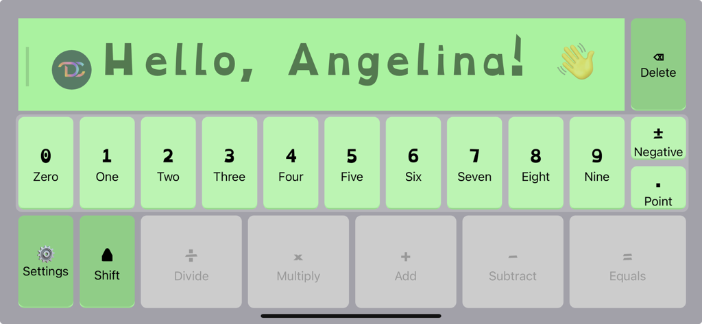 Screenshot of the DysCalculator app interface showing an accessible numeric keyboard with word labels and a personalized greeting