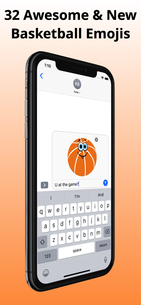Basketball GM Emojis Ball Star - A smartphone screen displaying a large basketball emoji sticker with a smiley face in an iMessage chat