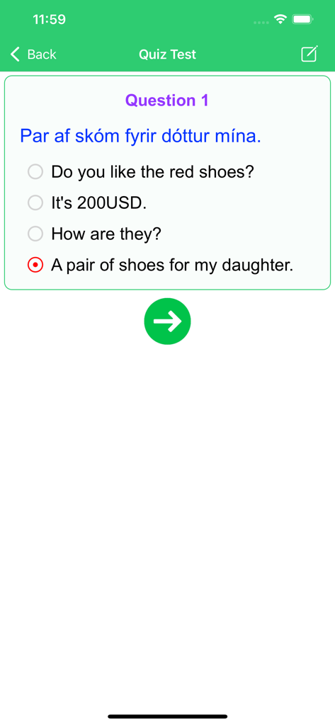 Interfaz de cuestionario de la aplicación Learn Icelandic Premium que muestra una pregunta de traducción de opción múltiple para frases prácticas.