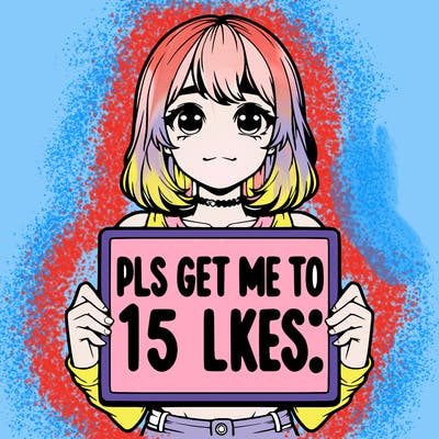 realistic girl holding up a sign that says “pls get me to 15 likes!”