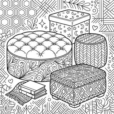 Dive into the world of chic interior design with this detailed coloring page, showcasing an array of stylish bedroom ottomans. Perfect for teens, this intricate illustration combines trendy furniture with engaging patterns for a truly creative experience.