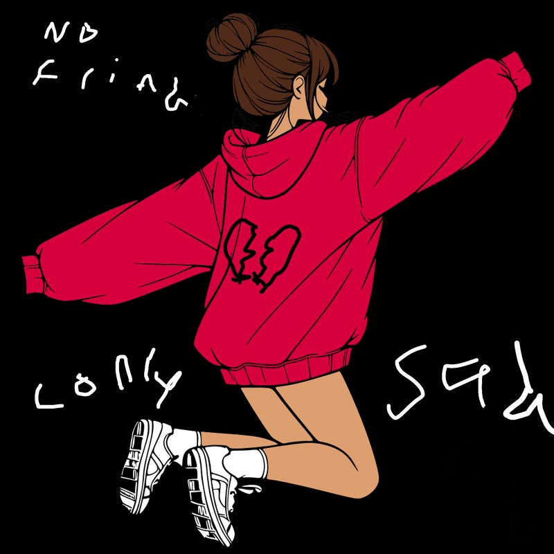 realistic girl jumping with a bun and oversized sweatshirt