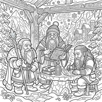 Immerse yourself in the captivating world of fantasy with this intricate coloring page featuring wise Dwarf Clan Elders. Discover their ancient traditions set against a beautiful, snowy winter backdrop, ready for your creative touch.