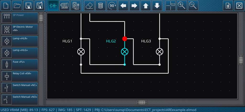 Electric Circuits Simulator - Interfaz de la aplicación Simulador de Circuitos Eléctricos mostrando el editor esquemático con un diseño de circuito paralelo usando lámparas.
