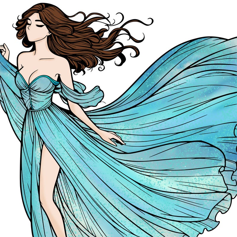 realistic woman in dress flowing the the wind