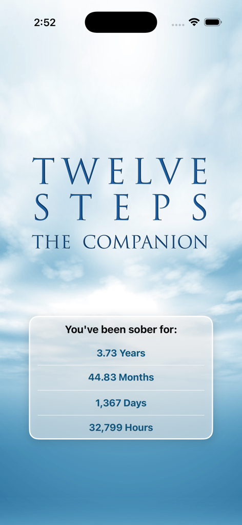 12 Steps Companion AA Big Book - The sobriety calculator on the 12 Steps Companion app launch screen showing time in years, months, days, and hours.
