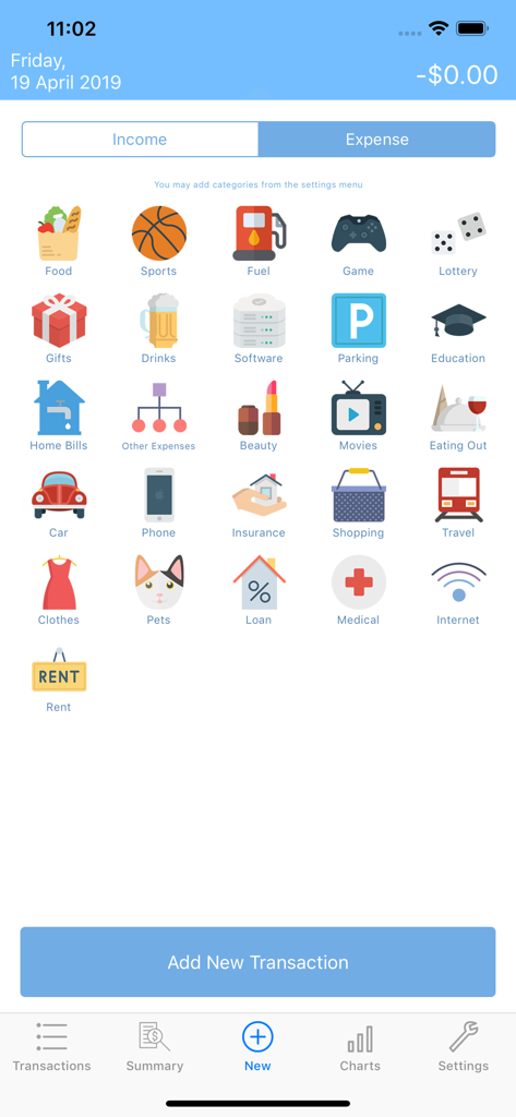 My Spending - My Spending app interface showing a list of expense categories with descriptive icons for food fuel and bills