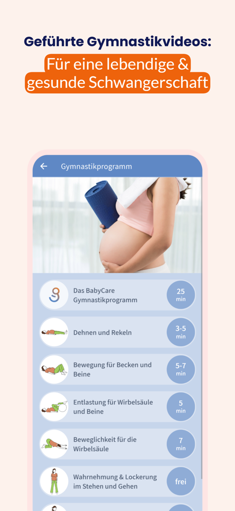 BabyCare 앱의 임산부를 위한 안내 체조 동영상 목록을 보여주는 스크린샷