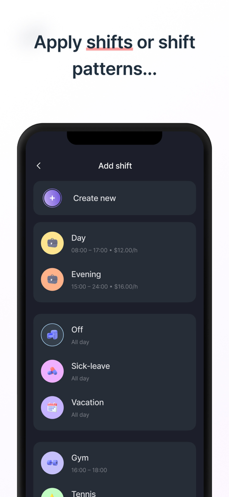 Shift Work Calendar & Schedule - Mobile app interface showing options to add work shifts and schedule patterns like day evening and vacation