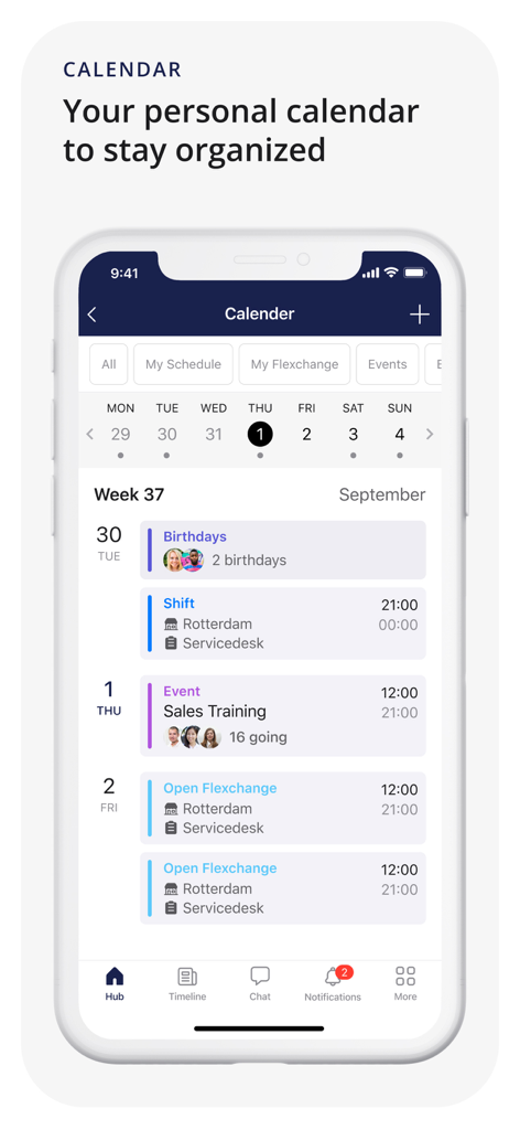 Mobile app interface showing an employee work schedule and calendar with shifts and training events