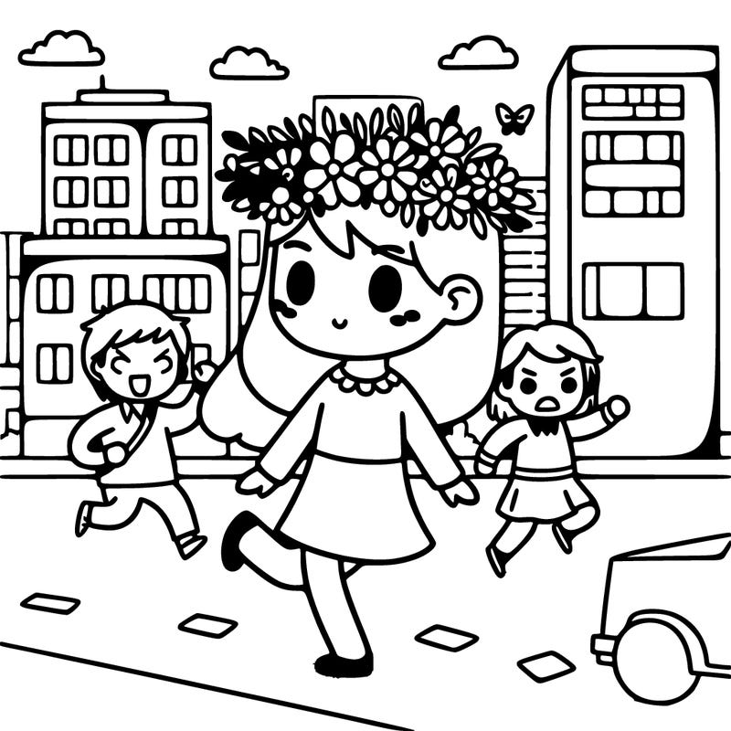 girl with flowers crown somebody just walking down the street with somebody chasing them