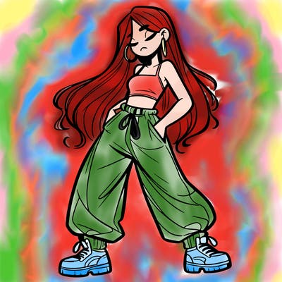 girl in baggy pants crop top and long hair