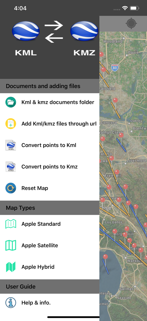 Kml to Kmz-Kmz to Kml app - Seitenmenü der KML-zu-KMZ-Konverter-App mit Dateiverwaltungsoptionen und Auswahl des Kartentyps über einem Satellitenkarten-Hintergrund.