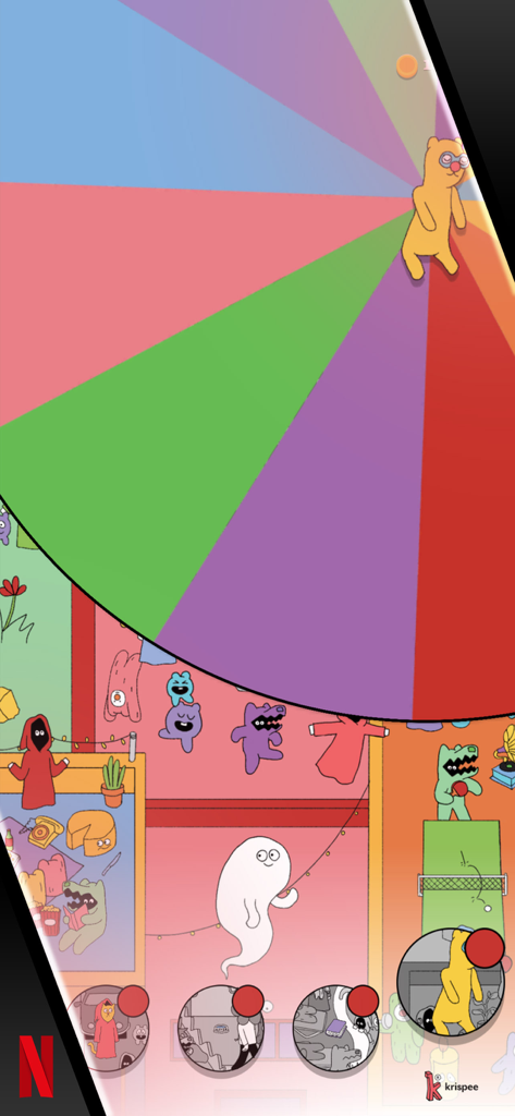 Krispee Street - The Daily Wheel of Self-Care feature spinning over a hand drawn hidden object scene in Krispee Street