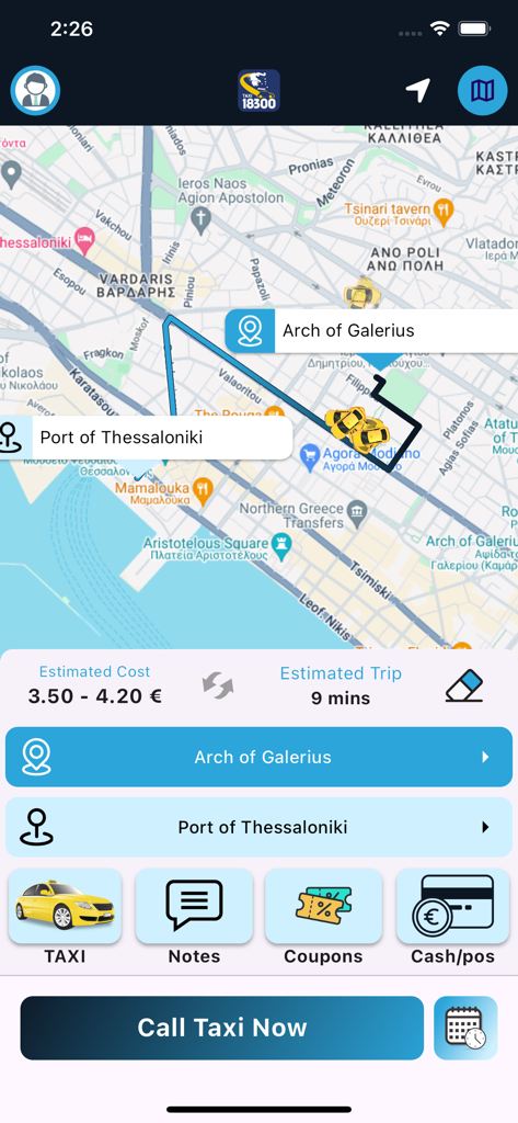 Interface of TAXI 18300 app showing taxi ride estimation and map in Thessaloniki Greece