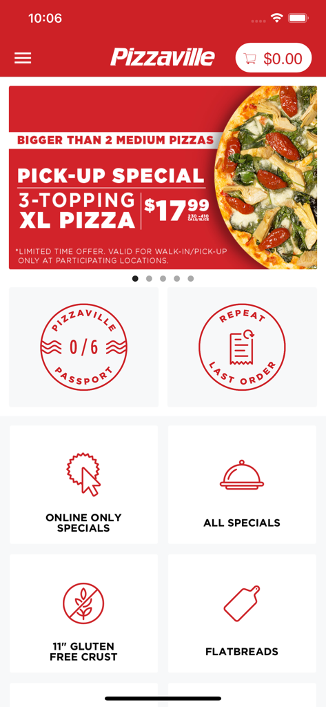 Pizzaville - Tela inicial do aplicativo Pizzaville mostrando promoções de pizza e menu de pedidos