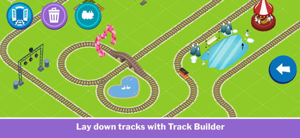 Thomas & Friends™: Let's Roll - トーマス＆フレンズ：レッツ・ロールアプリで、池やメリーゴーランドのような風景のあるカスタム鉄道を建設する子供。