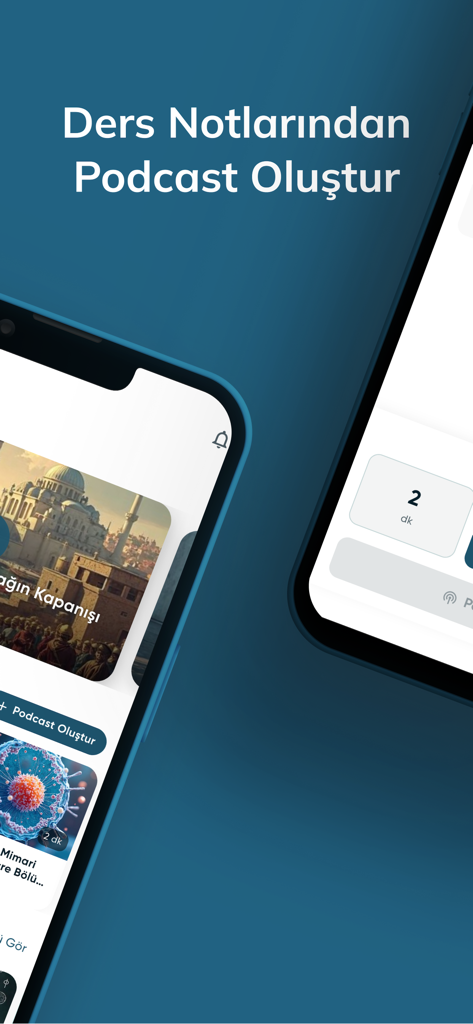 PodRise mobile app interface showing the feature to create AI podcasts from lecture notes
