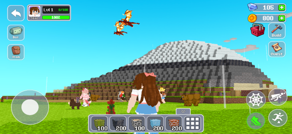 One Block World - Gameplay of One Block World showing a character standing in front of a block mountain with animals and a flying dragon