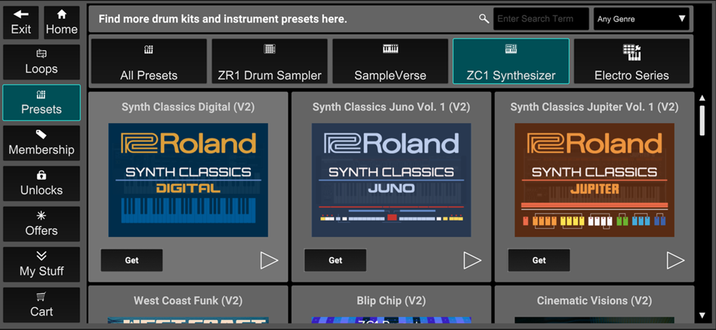 Roland Zenbeats - Roland Zenbeats interface showing ZC1 synthesizer presets with classic Juno and Jupiter sound packs
