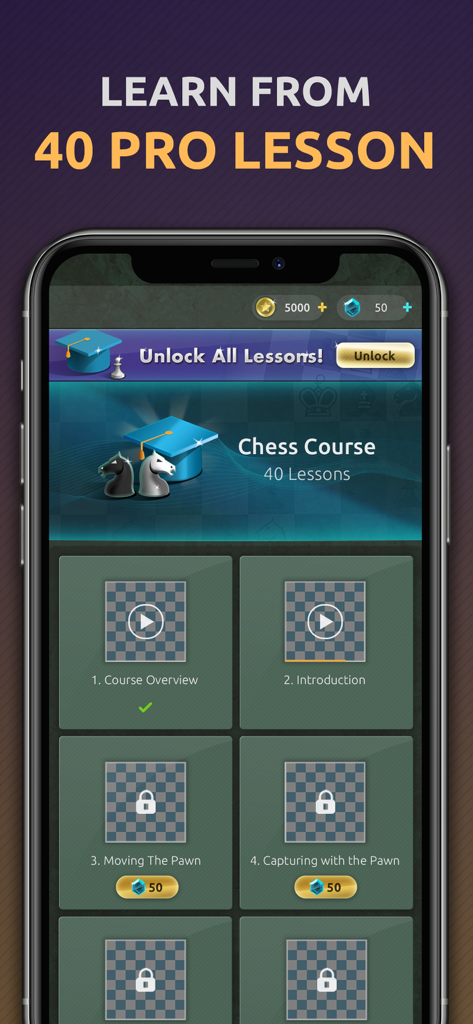 Chess Online - 2 Player Games - Pantalla de smartphone mostrando 40 lecciones profesionales de ajedrez en la aplicación Chess Stars