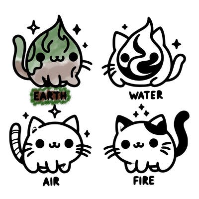 4 cats that represent the different elements, earth, water, air, and fire