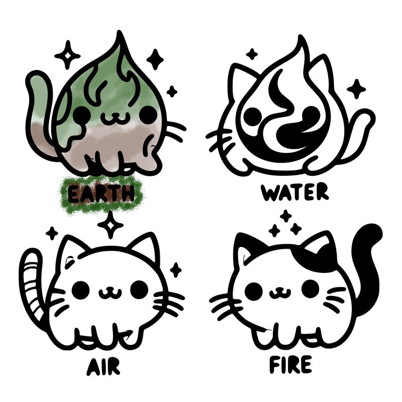4 cats that represent the different elements, earth, water, air, and fire