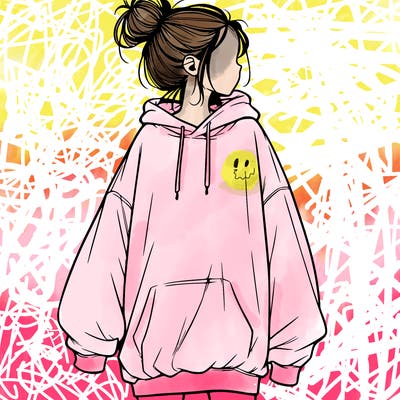realistic girl with a oversized sweatshirt on and a bun