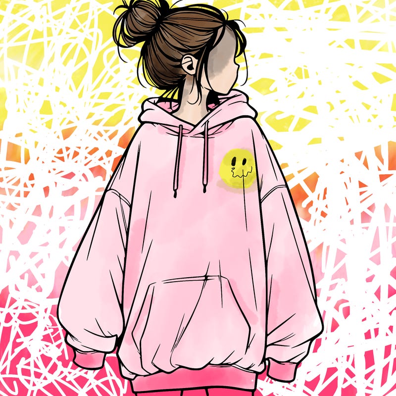 realistic girl with a oversized sweatshirt on and a bun