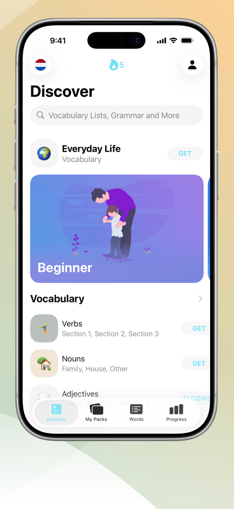 LENGOアプリでオランダ語の語彙カテゴリと初級レッスンを表示する、LENGOアプリでオランダ語を学ぶディスカバーセクション