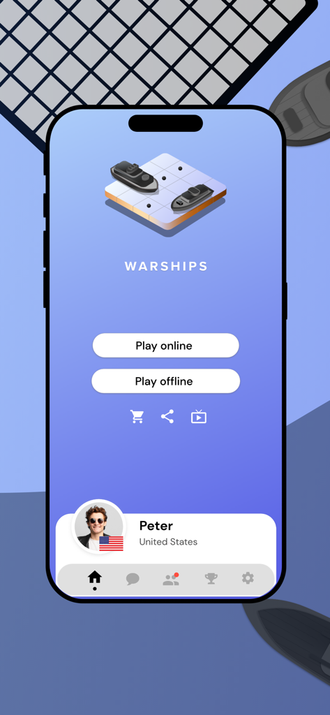 Warships Online - Main menu of Warships Online app featuring play online and play offline buttons with user profile information.