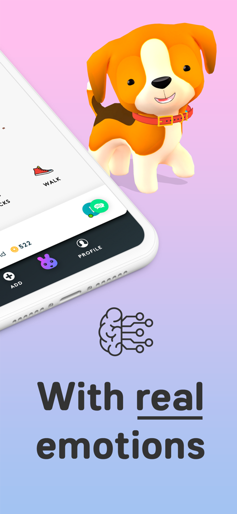 Pokipet - Raise virtual pets - A 3D virtual puppy in the Pokipet app with the text With real emotions