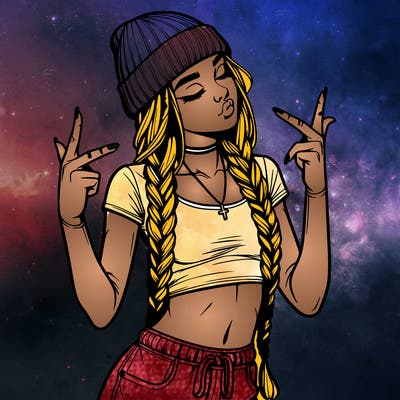 realistic teenage girl with braids and a beanie and crop top doing 🫶🏼