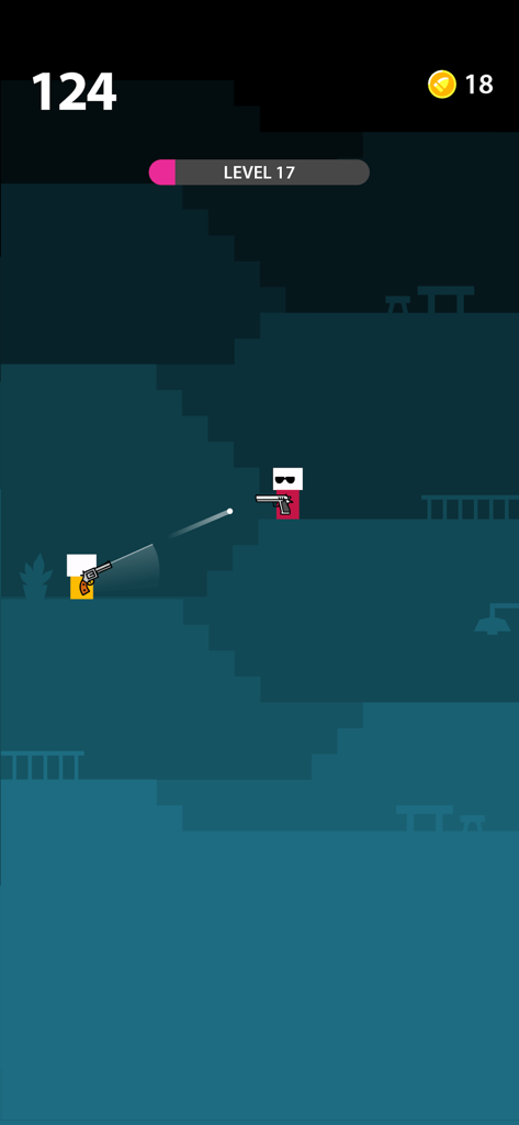 Minimalist gameplay of Mr Gun by Ketchapp featuring a character aiming at an enemy.