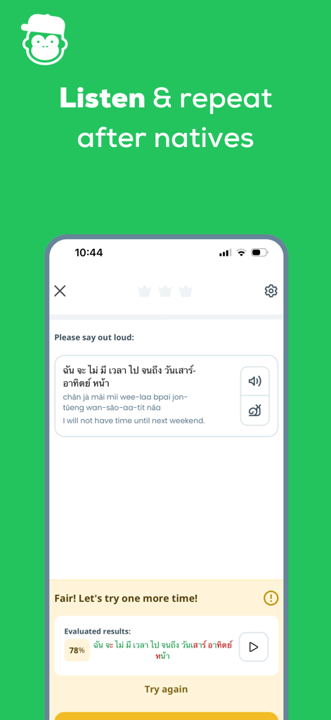 Ling app speaking lesson for Thai language with pronunciation feedback.