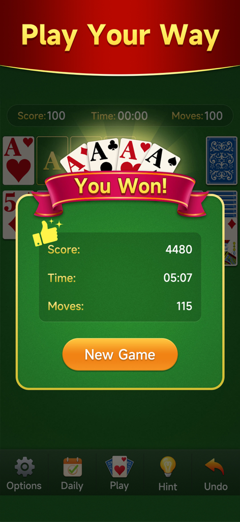 Mint Solitaire - Mint Solitaire victory screen displaying game results including score time and moves