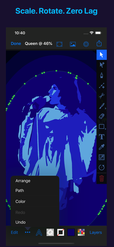 Artmator - Artmator App-Oberfläche, die eine blaue Vektorillustration einer Person mit einer Auswahl professioneller Designwerkzeuge und einem geöffneten Bearbeitungsmenü zeigt.