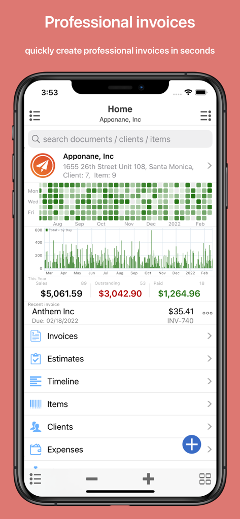 Painel do aplicativo móvel para Invoice Master mostrando gráficos de vendas, pagamentos pendentes e categorias de gerenciamento de negócios como faturas e despesas.