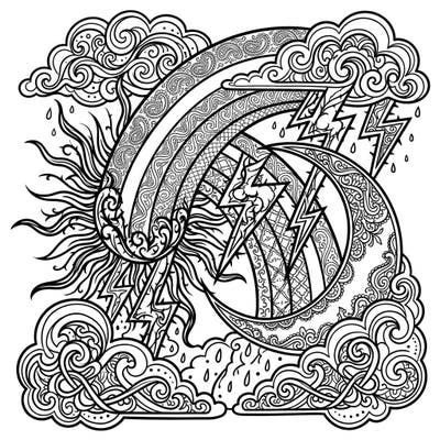 Dive into the dramatic beauty of this Gothic Weather Elements adult coloring page, where celestial bodies meet stormy skies in intricate detail. Perfect for experienced colorists seeking a mindful escape into a world of dark elegance.