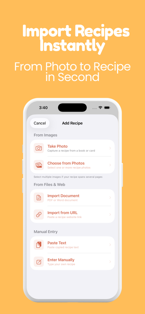 Recipe Organizer: AI Cookbook - モバイルアプリの画面に、写真のスキャン、URLからのインポート、手入力などのレシピ追加オプションが表示されています