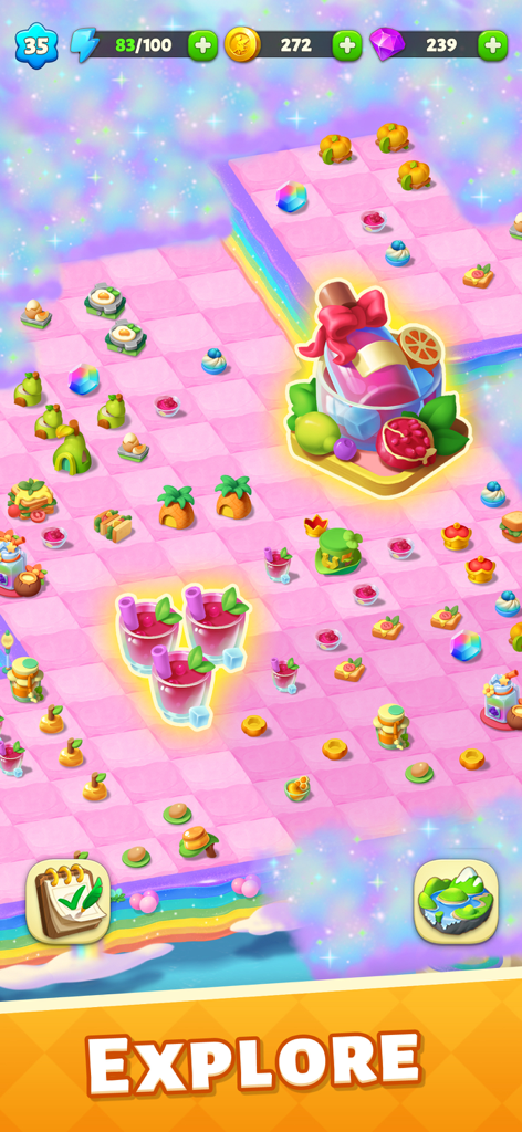 Panthia®: Magic & Merge Game - パンティア・マジック＆マージゲームのゲームプレイ画面。ピンクのボード上でアイテムをマージして、新しい魔法の土地を探索している様子