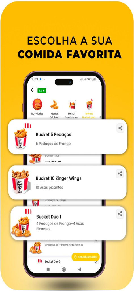 Tupuca+ Delivery, Taxi & Pay - Tupuca app interface showing KFC food delivery options including chicken buckets and wings