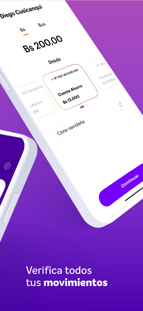 BancoSol - Interface of the BancoSol app showing account details and transaction history in Bolivianos